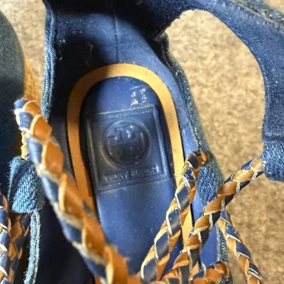 Tory Burch Espadrille Sandals 5.5 Positano Blue Canvas Platform Lace - Picture 5 of 8